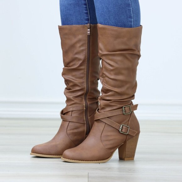 Tan Mid Calf Block Heeled Boots Synthetic Leather Pointed Toe Womens - Picture 1 of 15